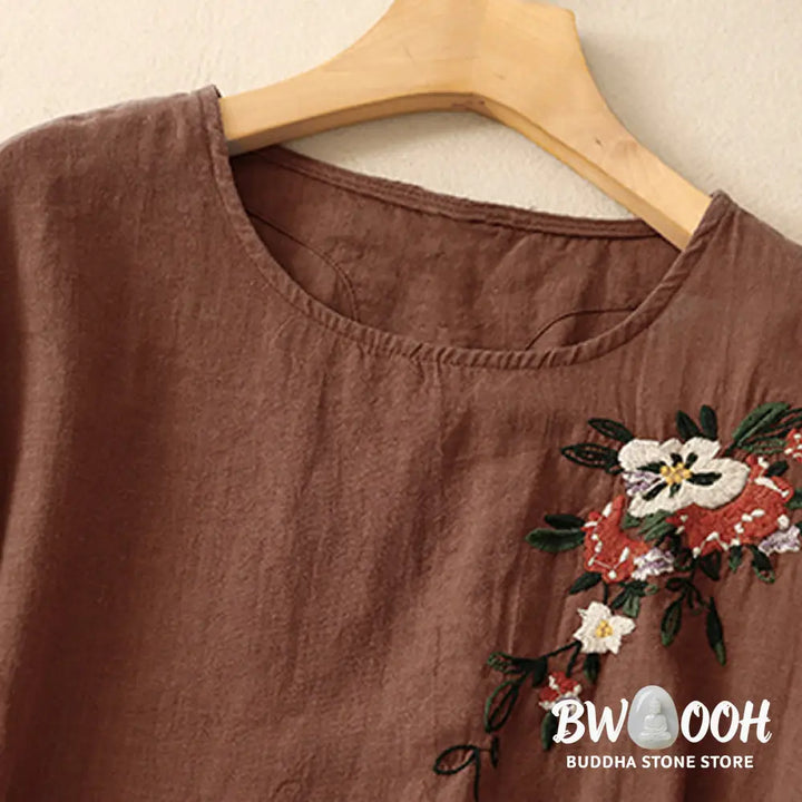 Buddha Stones Casual Summer Embroidered Crew Neck Women’s Cotton Short Sleeve T-shirt - Women’s T-Shirts