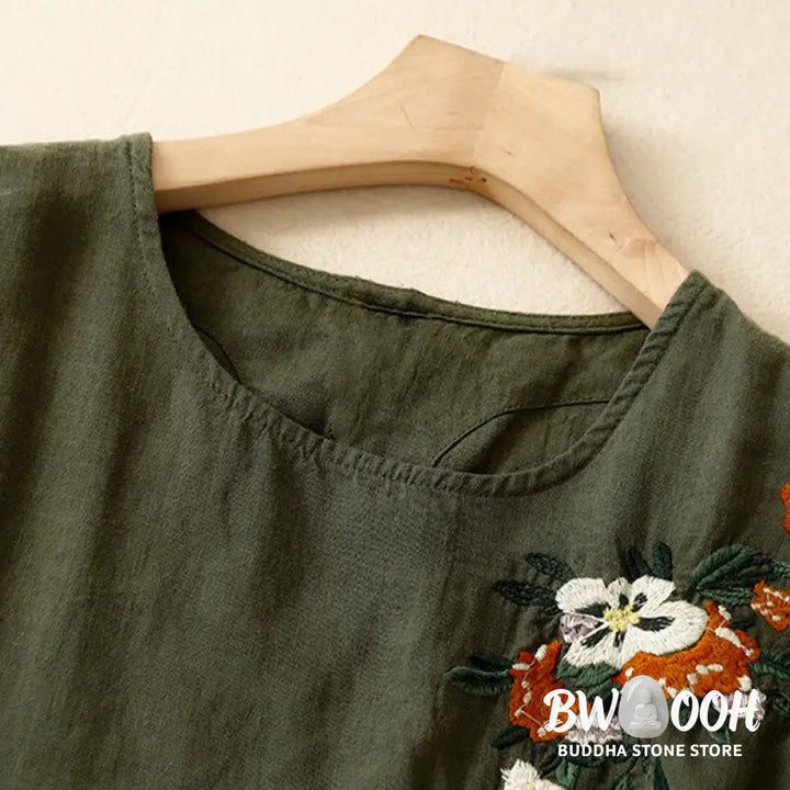 Buddha Stones Casual Summer Embroidered Crew Neck Women’s Cotton Short Sleeve T-shirt - Women’s T-Shirts