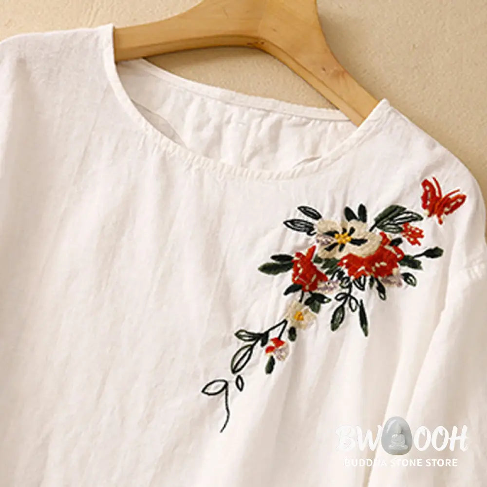 Buddha Stones Casual Summer Embroidered Crew Neck Women’s Cotton Short Sleeve T-shirt - Women’s T-Shirts