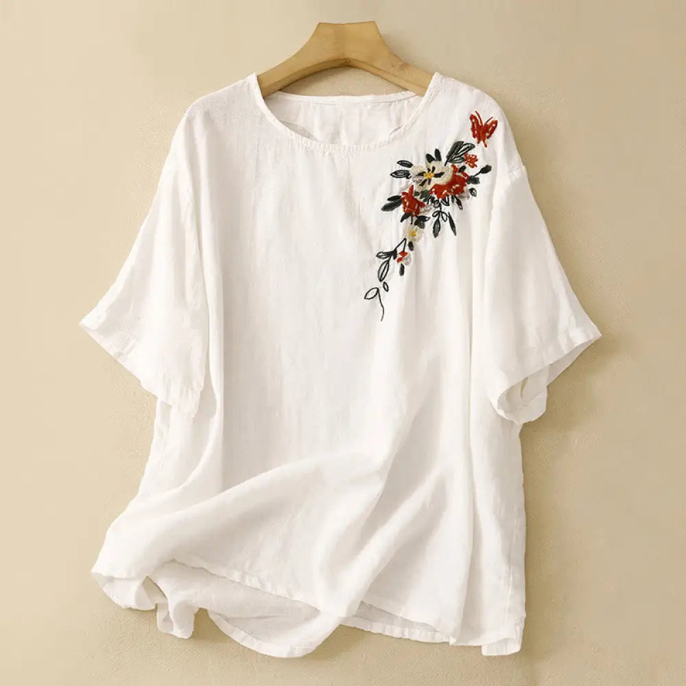 Buddha Stones Casual Summer Embroidered Crew Neck Women’s Cotton Short Sleeve T-shirt - White / US6，UK/AU10，EU38 (M)