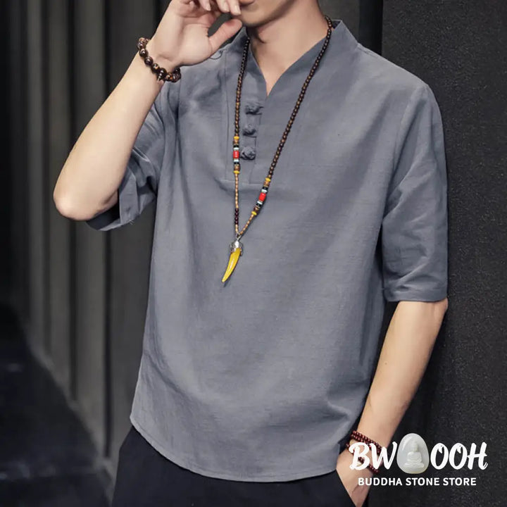 Buddha Stones Casual Summer Half Sleeve Shirt Cotton Men Clothing - Men’s Shirts