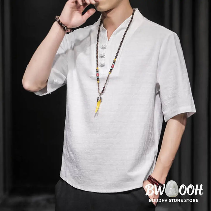 Buddha Stones Casual Summer Half Sleeve Shirt Cotton Men Clothing - Men’s Shirts