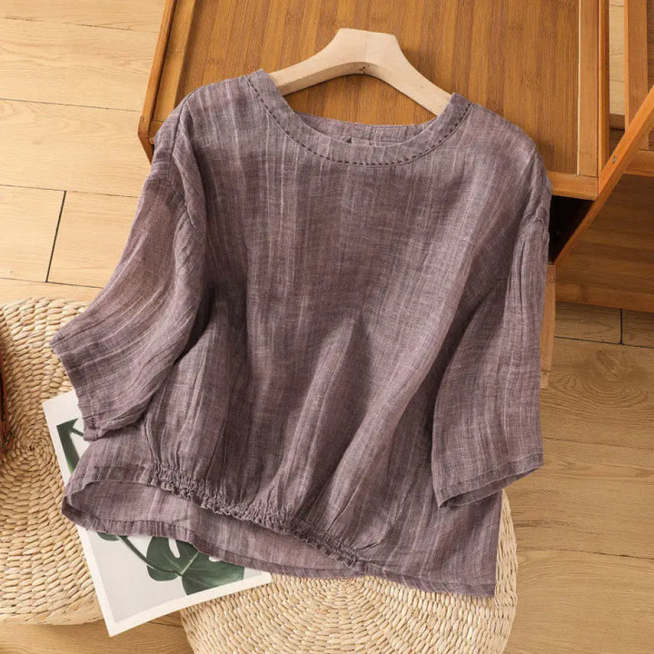 Buddha Stones Casual Summer Plain Crew Neck Women’s Cotton Linen Three Quarter Sleeve T-Shirt - MediumOrchid