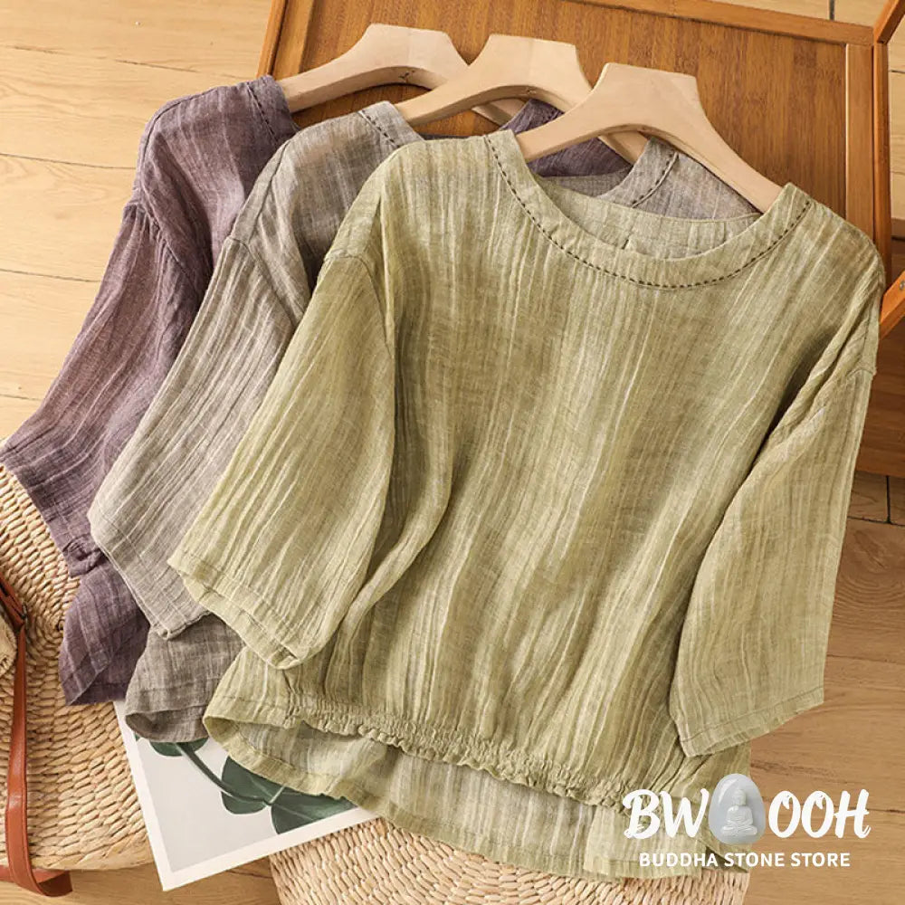 Buddha Stones Casual Summer Plain Crew Neck Women’s Cotton Linen Three Quarter Sleeve T-Shirt - Women’s T-Shirts