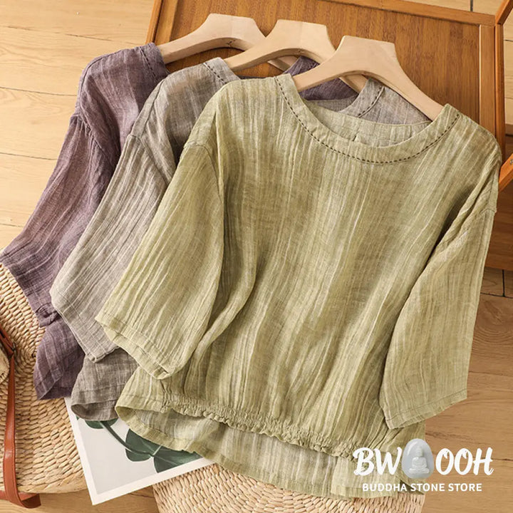 Buddha Stones Casual Summer Plain Crew Neck Women’s Cotton Linen Three Quarter Sleeve T-Shirt - Women’s T-Shirts