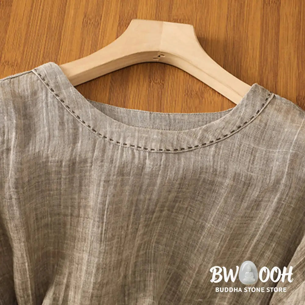 Buddha Stones Casual Summer Plain Crew Neck Women’s Cotton Linen Three Quarter Sleeve T-Shirt - Women’s T-Shirts