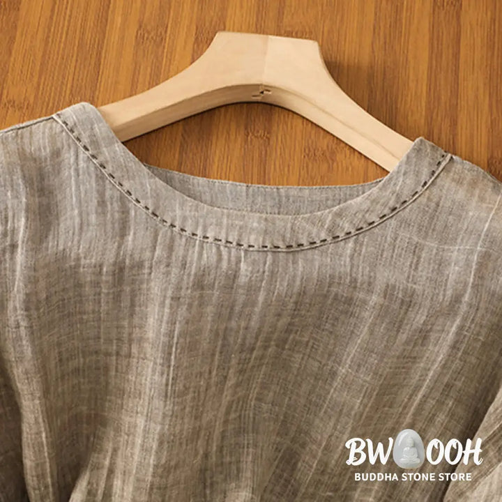 Buddha Stones Casual Summer Plain Crew Neck Women’s Cotton Linen Three Quarter Sleeve T-Shirt - Women’s T-Shirts