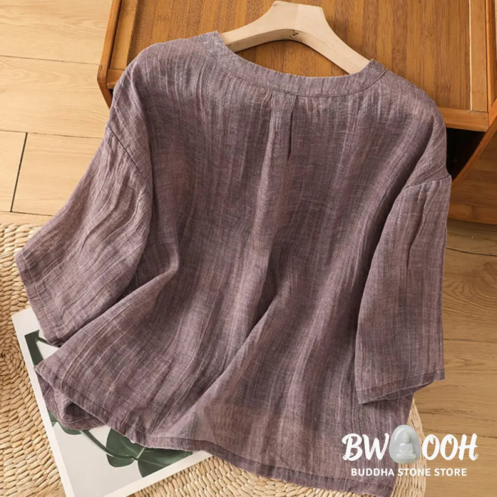 Buddha Stones Casual Summer Plain Crew Neck Women’s Cotton Linen Three Quarter Sleeve T-Shirt - Women’s T-Shirts
