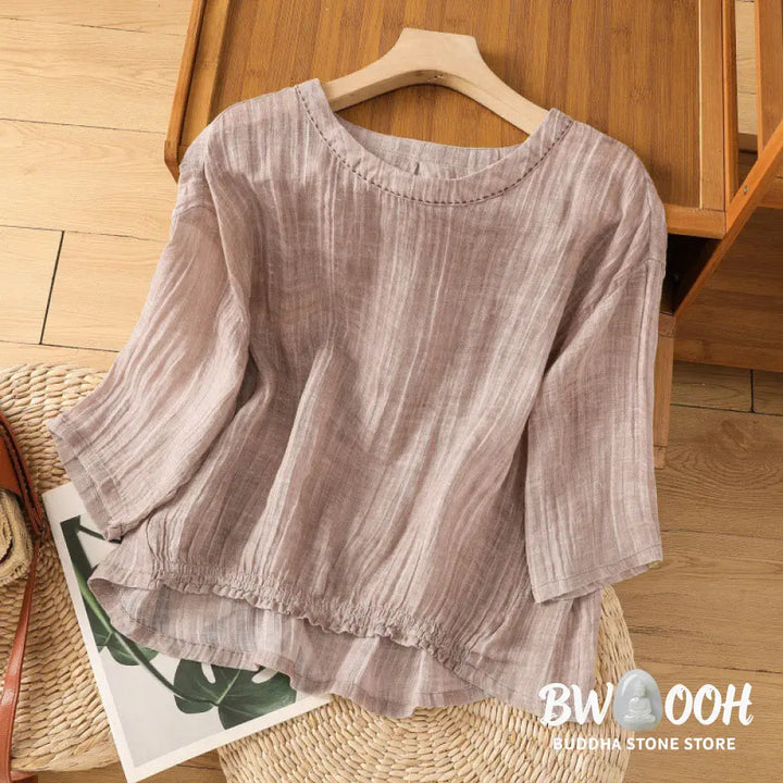 Buddha Stones Casual Summer Plain Crew Neck Women’s Cotton Linen Three Quarter Sleeve T-Shirt - Women’s T-Shirts