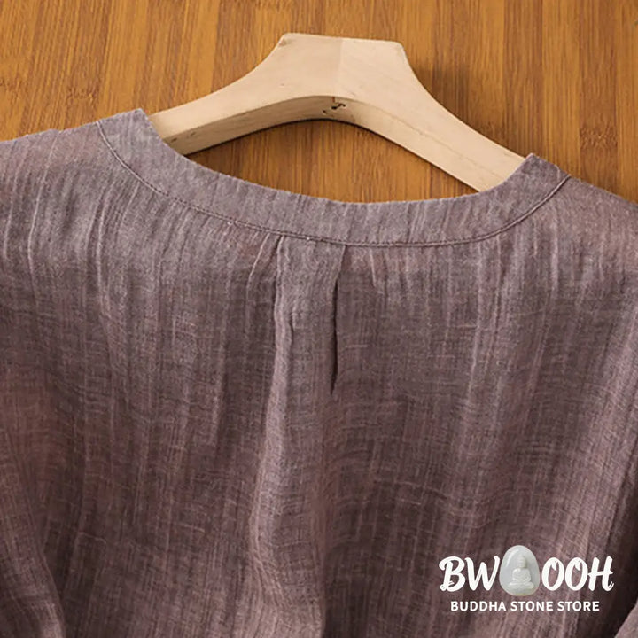 Buddha Stones Casual Summer Plain Crew Neck Women’s Cotton Linen Three Quarter Sleeve T-Shirt - Women’s T-Shirts