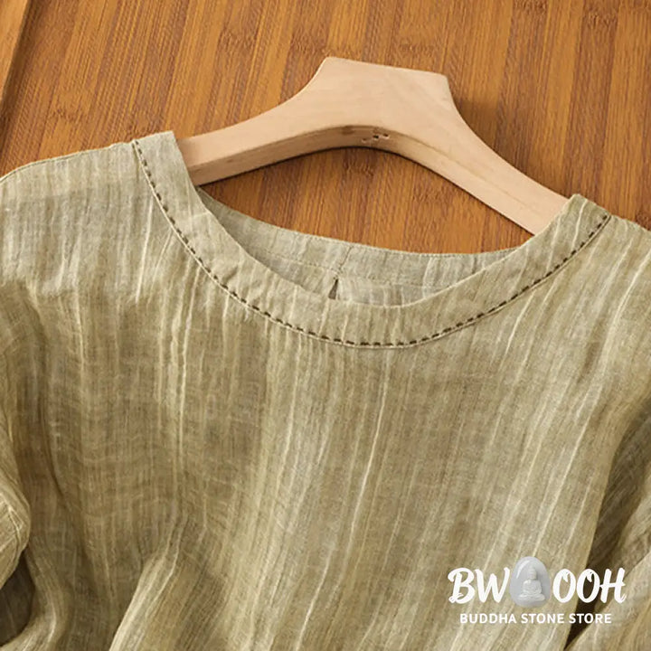 Buddha Stones Casual Summer Plain Crew Neck Women’s Cotton Linen Three Quarter Sleeve T-Shirt - Women’s T-Shirts