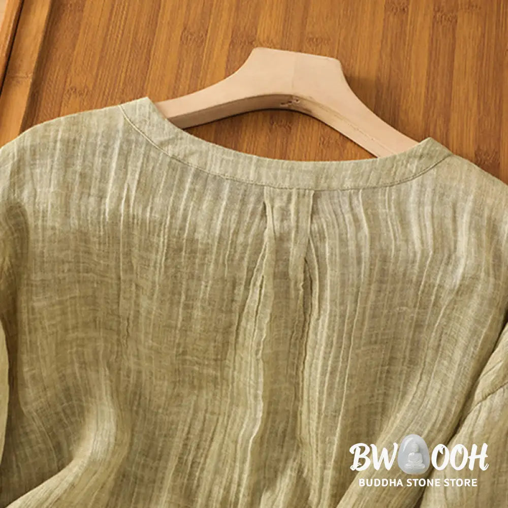 Buddha Stones Casual Summer Plain Crew Neck Women’s Cotton Linen Three Quarter Sleeve T-Shirt - Women’s T-Shirts