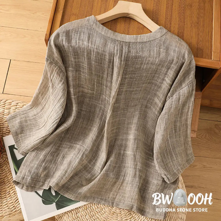 Buddha Stones Casual Summer Plain Crew Neck Women’s Cotton Linen Three Quarter Sleeve T-Shirt - Women’s T-Shirts