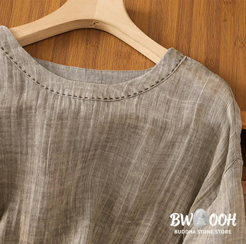Buddha Stones Casual Summer Plain Crew Neck Women’s Cotton Linen Three Quarter Sleeve T-Shirt - Women’s T-Shirts