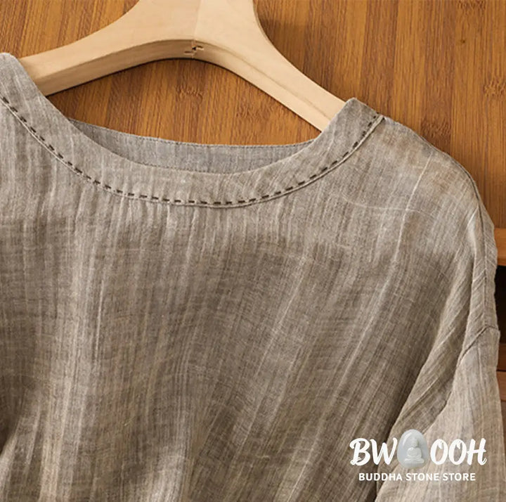 Buddha Stones Casual Summer Plain Crew Neck Women’s Cotton Linen Three Quarter Sleeve T-Shirt - Women’s T-Shirts