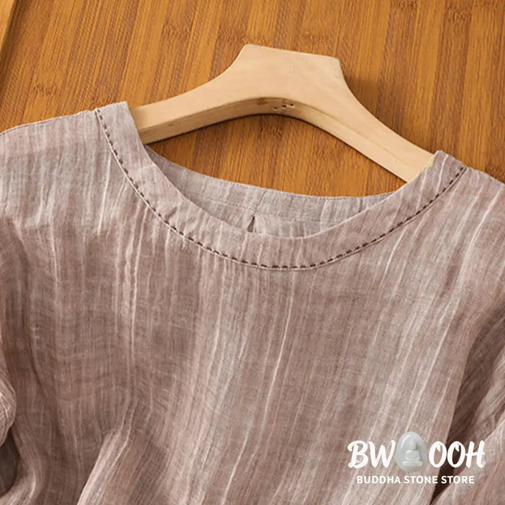 Buddha Stones Casual Summer Plain Crew Neck Women’s Cotton Linen Three Quarter Sleeve T-Shirt - Women’s T-Shirts