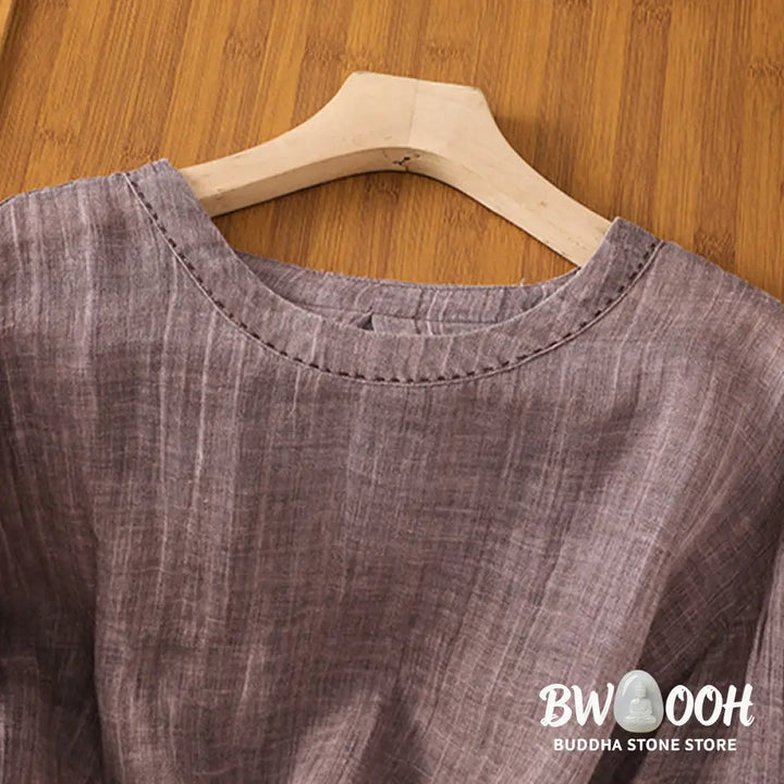 Buddha Stones Casual Summer Plain Crew Neck Women’s Cotton Linen Three Quarter Sleeve T-Shirt - Women’s T-Shirts
