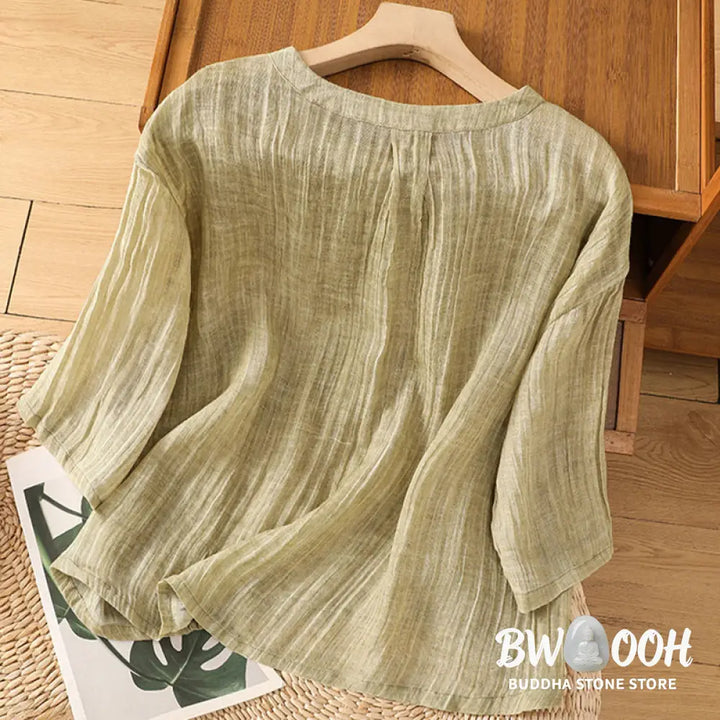 Buddha Stones Casual Summer Plain Crew Neck Women’s Cotton Linen Three Quarter Sleeve T-Shirt - Women’s T-Shirts