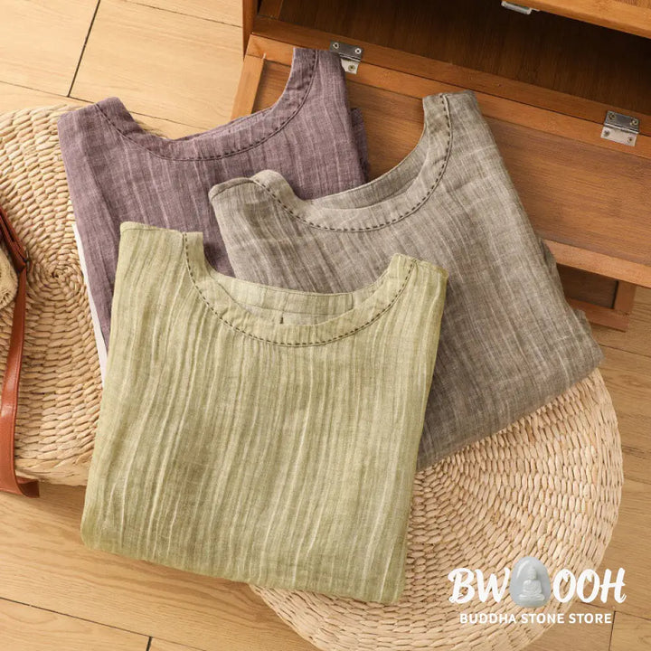 Buddha Stones Casual Summer Plain Crew Neck Women’s Cotton Linen Three Quarter Sleeve T-Shirt - Women’s T-Shirts