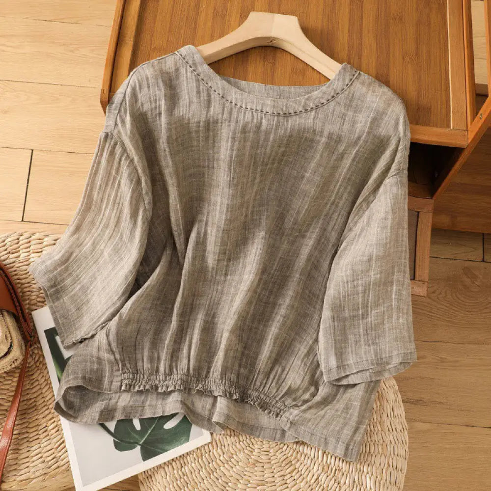 Buddha Stones Casual Summer Plain Crew Neck Women’s Cotton Linen Three Quarter Sleeve T-Shirt - Tan / US6，UK/AU10，EU38
