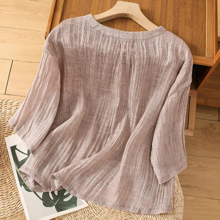 Buddha Stones Casual Summer Plain Crew Neck Women’s Cotton Linen Three Quarter Sleeve T-Shirt - Thistle