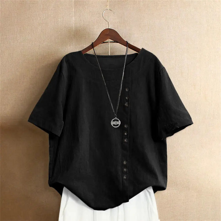Buddha Stones Casual Summer Pure Color Jacquard Button Crew Neck Cotton Women’s Short Sleeve T-Shirt - Black
