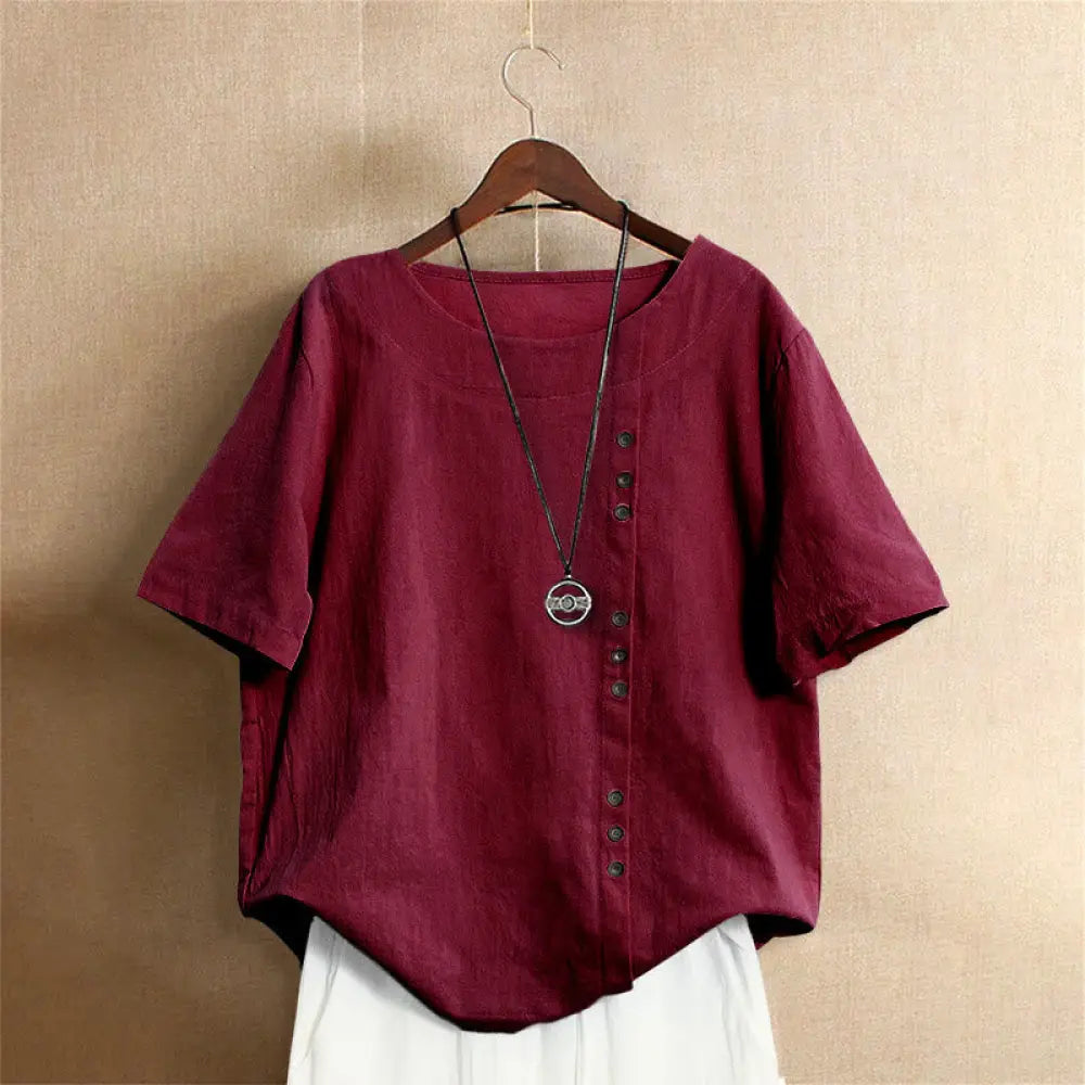 Buddha Stones Casual Summer Pure Color Jacquard Button Crew Neck Cotton Women’s Short Sleeve T-Shirt - FireBrick