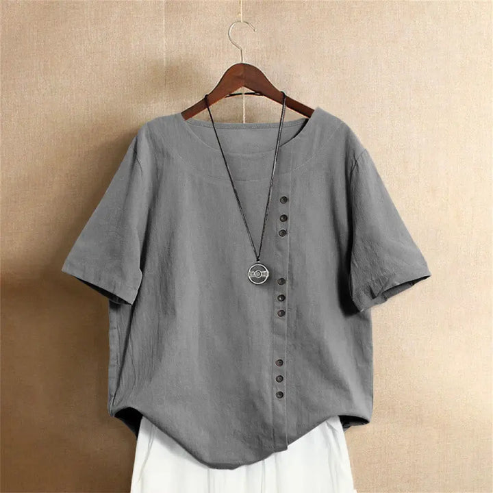 Buddha Stones Casual Summer Pure Color Jacquard Button Crew Neck Cotton Women’s Short Sleeve T-Shirt - Gray