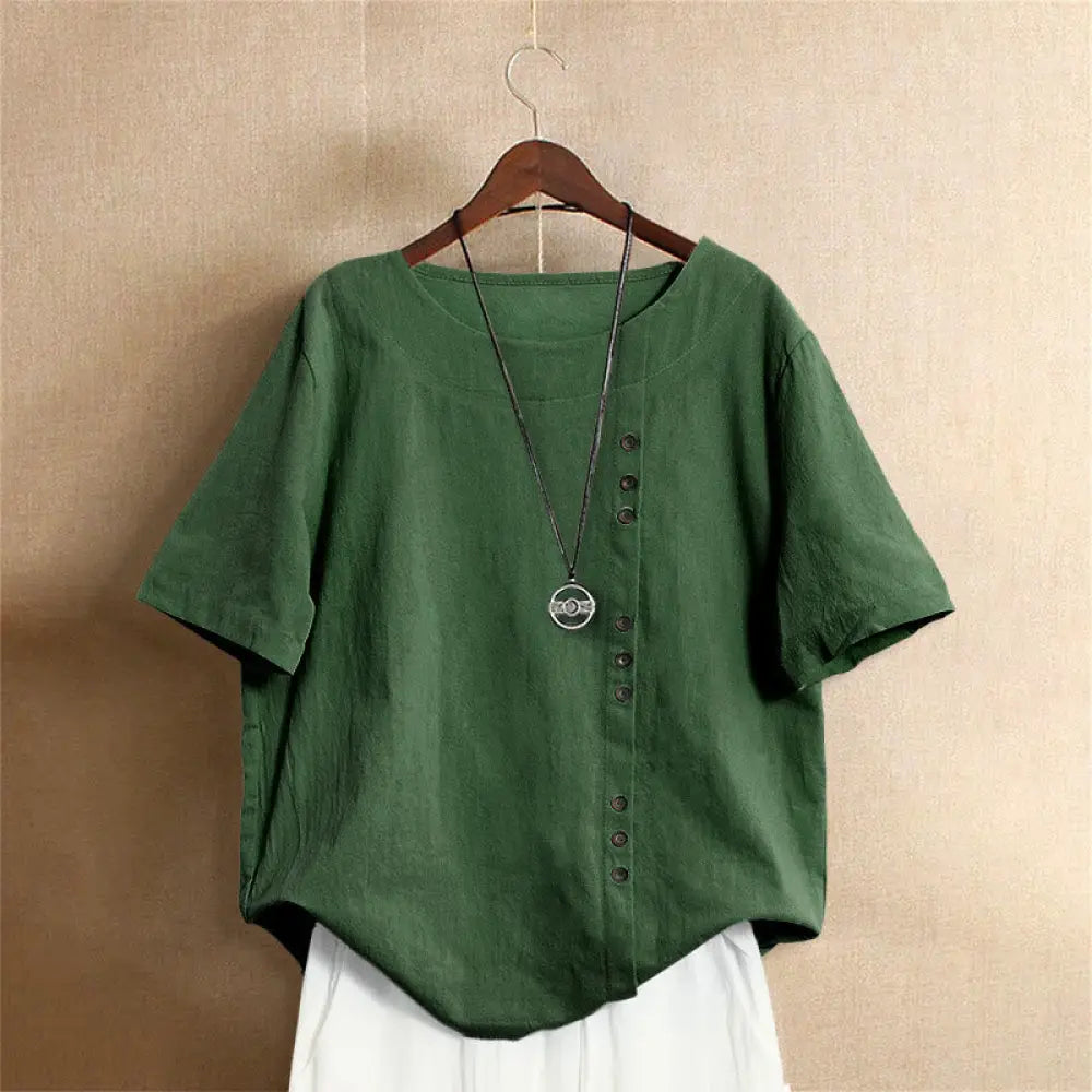 Buddha Stones Casual Summer Pure Color Jacquard Button Crew Neck Cotton Women’s Short Sleeve T-Shirt - Green