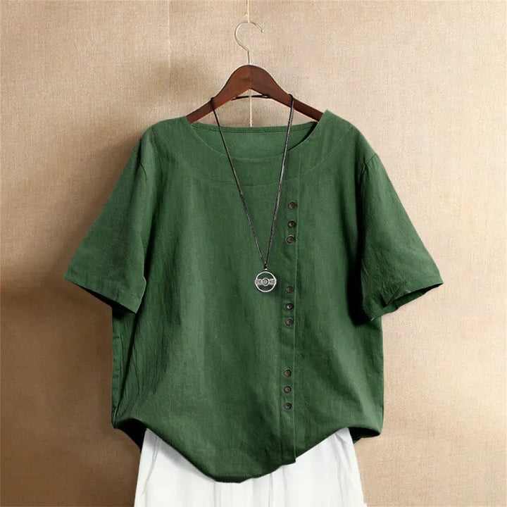Buddha Stones Casual Summer Pure Color Jacquard Button Crew Neck Cotton Women’s Short Sleeve T-Shirt - Green