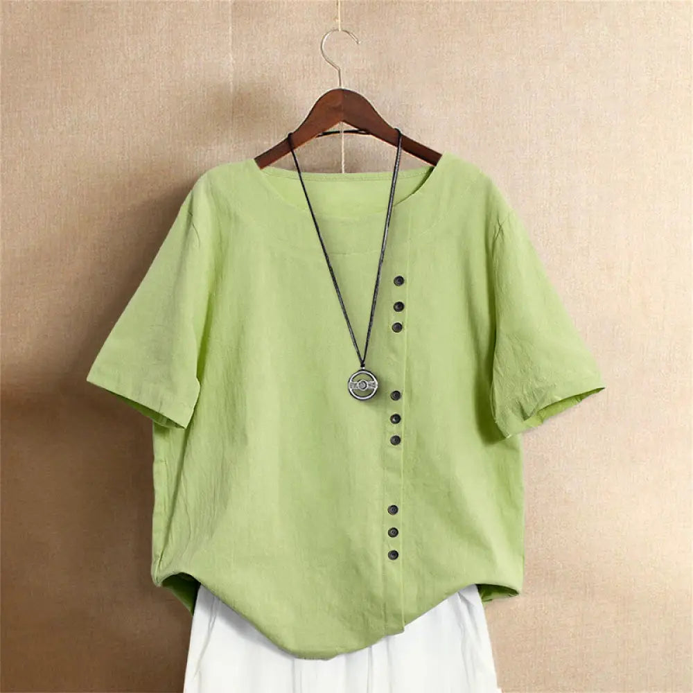 Buddha Stones Casual Summer Pure Color Jacquard Button Crew Neck Cotton Women’s Short Sleeve T-Shirt - LightGreen