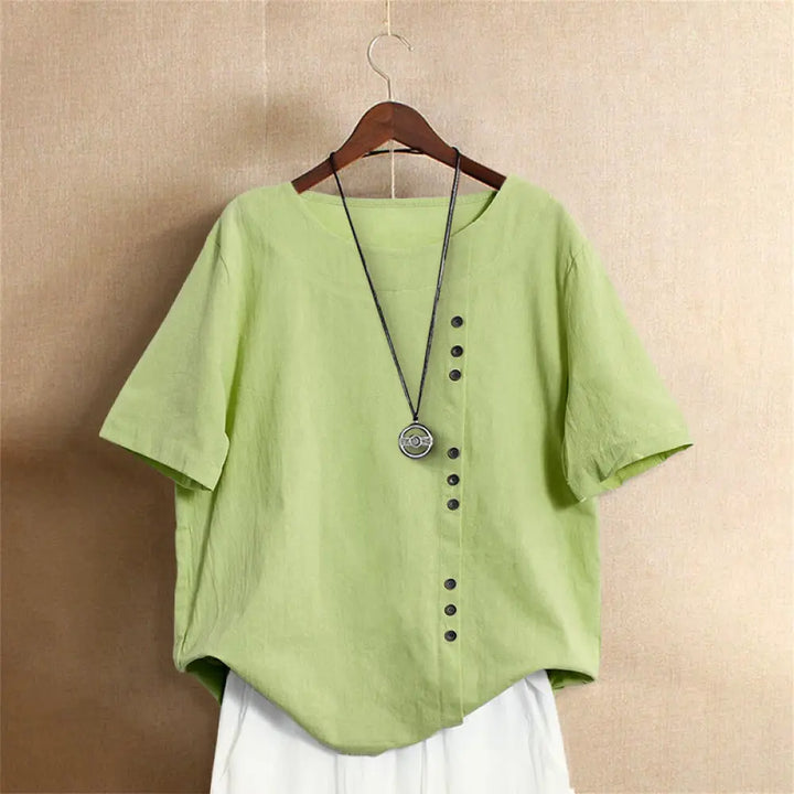 Buddha Stones Casual Summer Pure Color Jacquard Button Crew Neck Cotton Women’s Short Sleeve T-Shirt - LightGreen