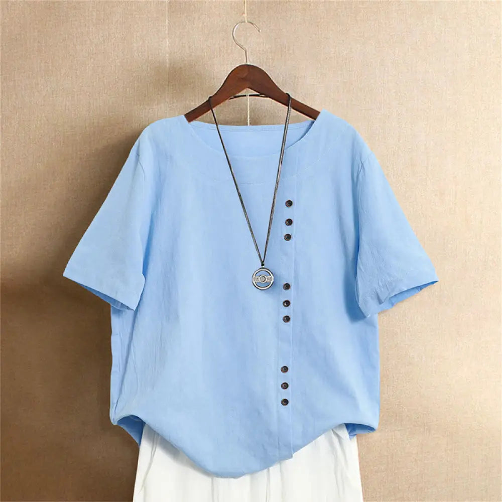 Buddha Stones Casual Summer Pure Color Jacquard Button Crew Neck Cotton Women’s Short Sleeve T-Shirt - LightSkyBlue