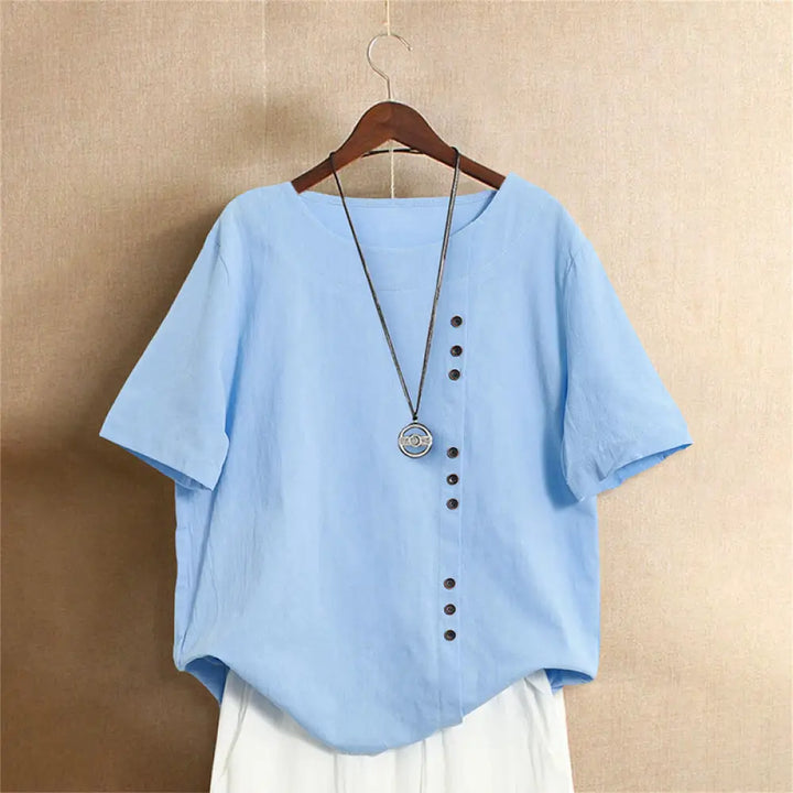 Buddha Stones Casual Summer Pure Color Jacquard Button Crew Neck Cotton Women’s Short Sleeve T-Shirt - LightSkyBlue