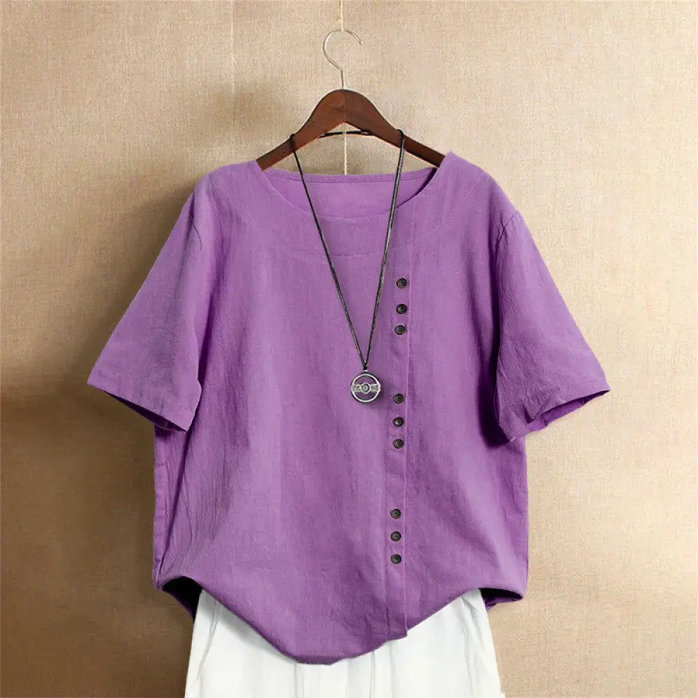 Buddha Stones Casual Summer Pure Color Jacquard Button Crew Neck Cotton Women’s Short Sleeve T-Shirt - MediumOrchid