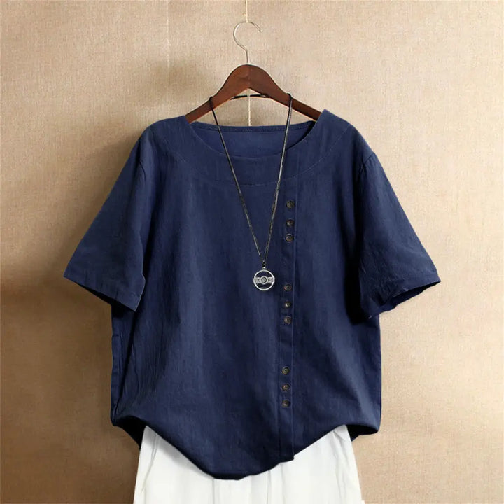 Buddha Stones Casual Summer Pure Color Jacquard Button Crew Neck Cotton Women’s Short Sleeve T-Shirt - Navy
