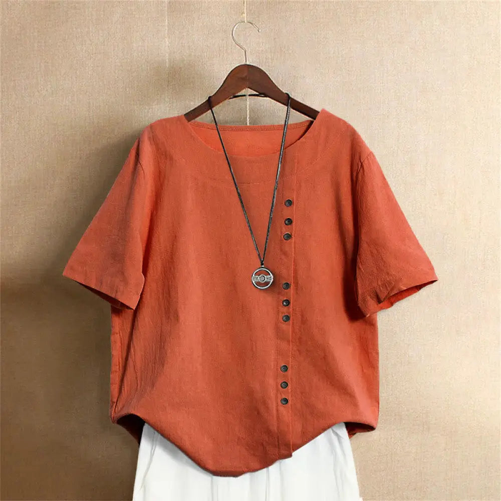 Buddha Stones Casual Summer Pure Color Jacquard Button Crew Neck Cotton Women’s Short Sleeve T-Shirt - OrangeRed
