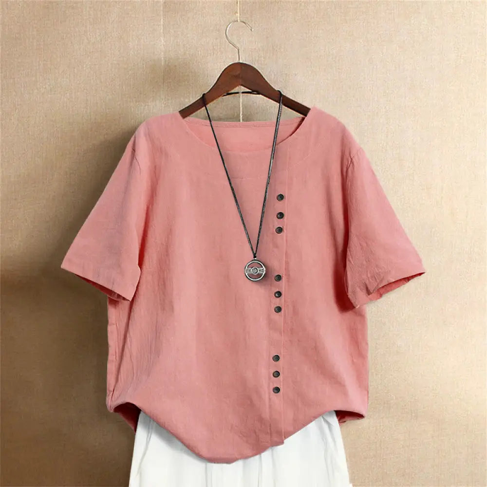 Buddha Stones Casual Summer Pure Color Jacquard Button Crew Neck Cotton Women’s Short Sleeve T-Shirt - Salmon
