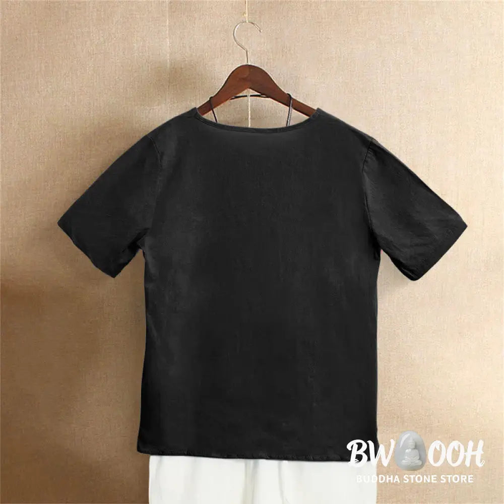 Buddha Stones Casual Summer Pure Color Jacquard Button Crew Neck Cotton Women’s Short Sleeve T-Shirt - Women’s T-Shirts