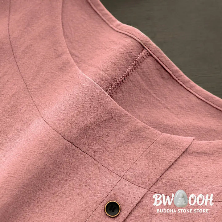 Buddha Stones Casual Summer Pure Color Jacquard Button Crew Neck Cotton Women’s Short Sleeve T-Shirt - Women’s T-Shirts