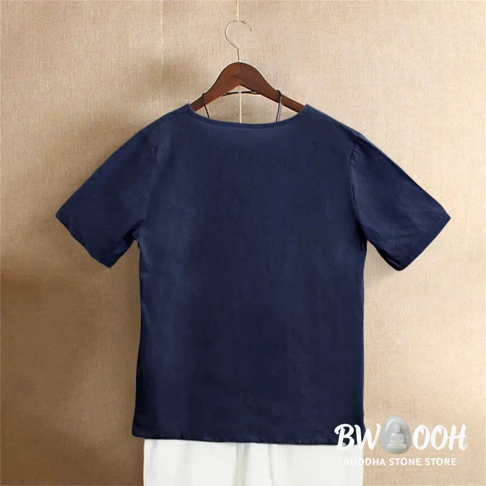 Buddha Stones Casual Summer Pure Color Jacquard Button Crew Neck Cotton Women’s Short Sleeve T-Shirt - Women’s T-Shirts