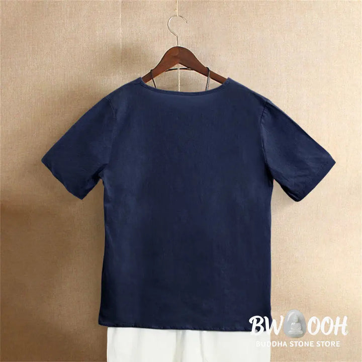 Buddha Stones Casual Summer Pure Color Jacquard Button Crew Neck Cotton Women’s Short Sleeve T-Shirt - Women’s T-Shirts