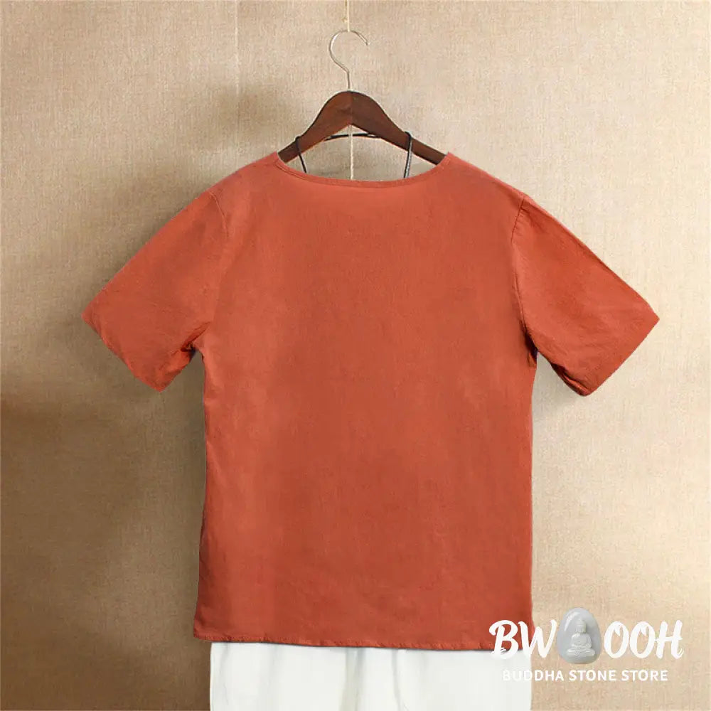 Buddha Stones Casual Summer Pure Color Jacquard Button Crew Neck Cotton Women’s Short Sleeve T-Shirt - Women’s T-Shirts