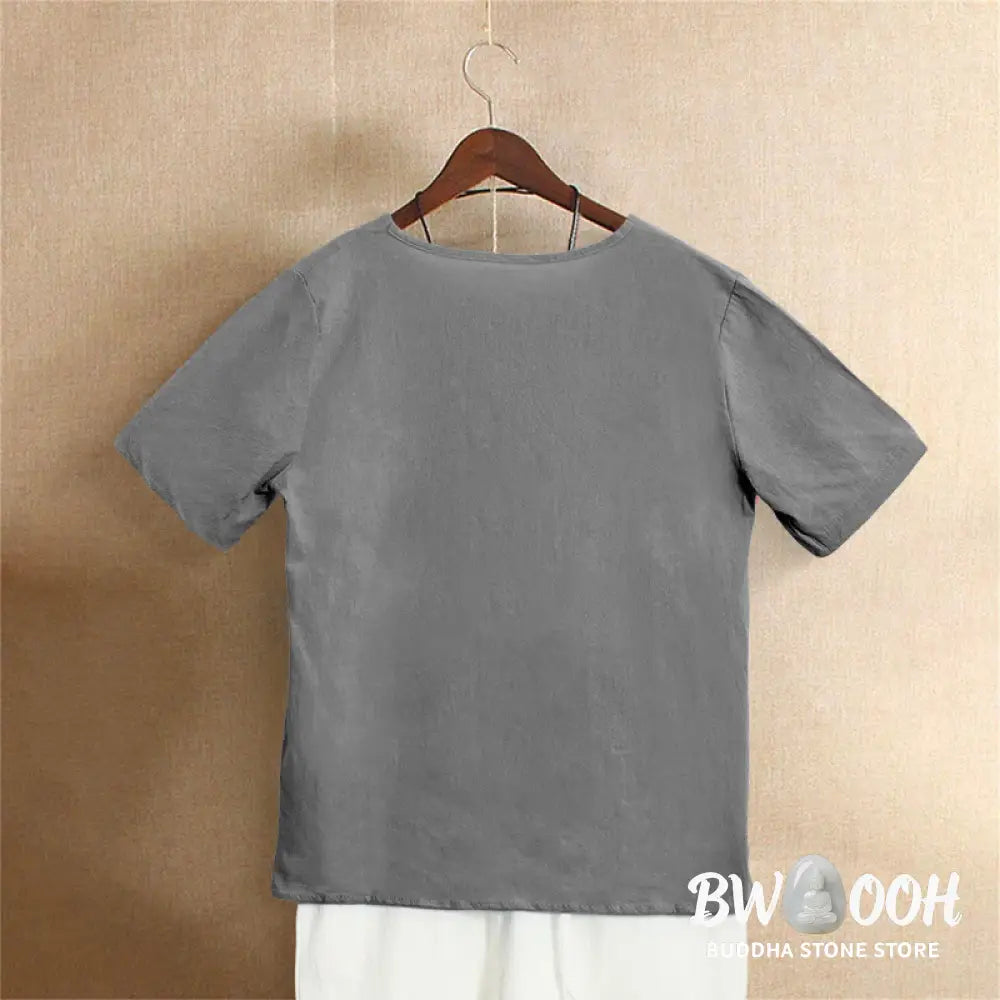 Buddha Stones Casual Summer Pure Color Jacquard Button Crew Neck Cotton Women’s Short Sleeve T-Shirt - Women’s T-Shirts