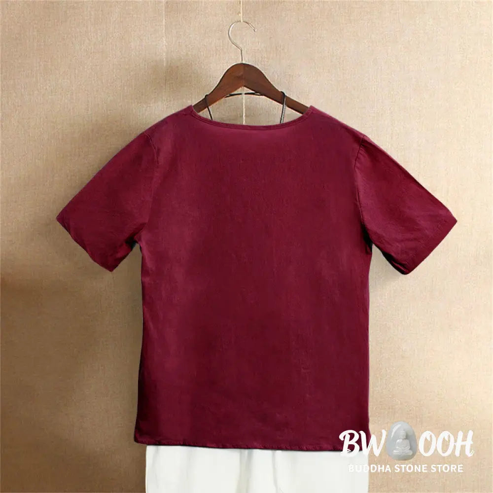 Buddha Stones Casual Summer Pure Color Jacquard Button Crew Neck Cotton Women’s Short Sleeve T-Shirt - Women’s T-Shirts
