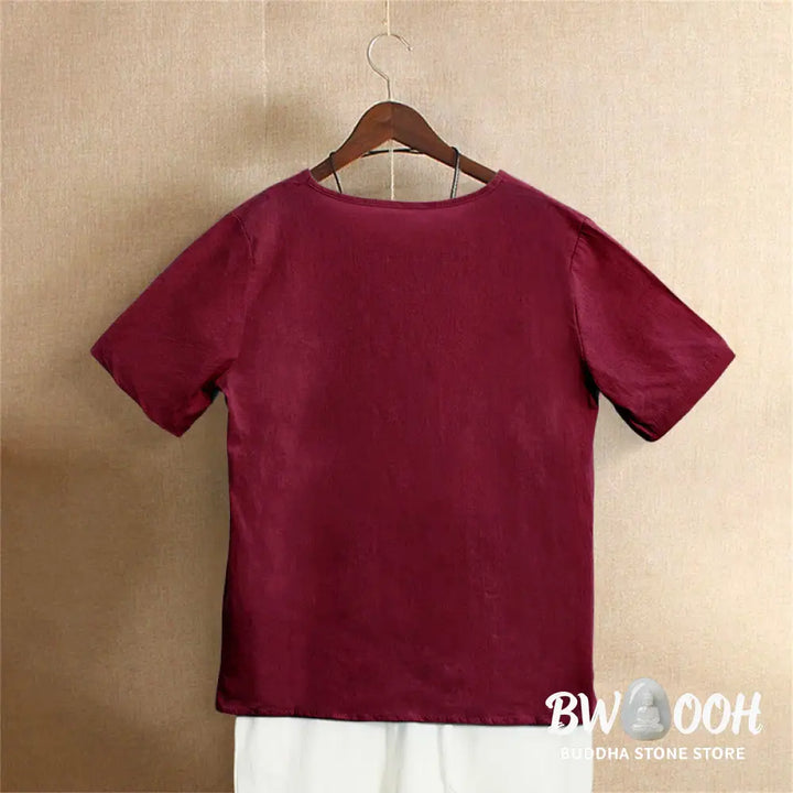 Buddha Stones Casual Summer Pure Color Jacquard Button Crew Neck Cotton Women’s Short Sleeve T-Shirt - Women’s T-Shirts