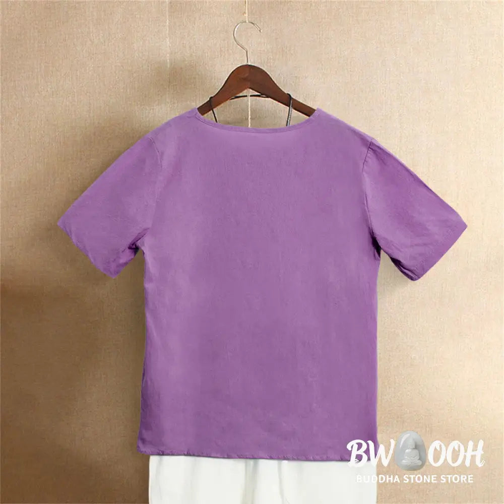 Buddha Stones Casual Summer Pure Color Jacquard Button Crew Neck Cotton Women’s Short Sleeve T-Shirt - Women’s T-Shirts