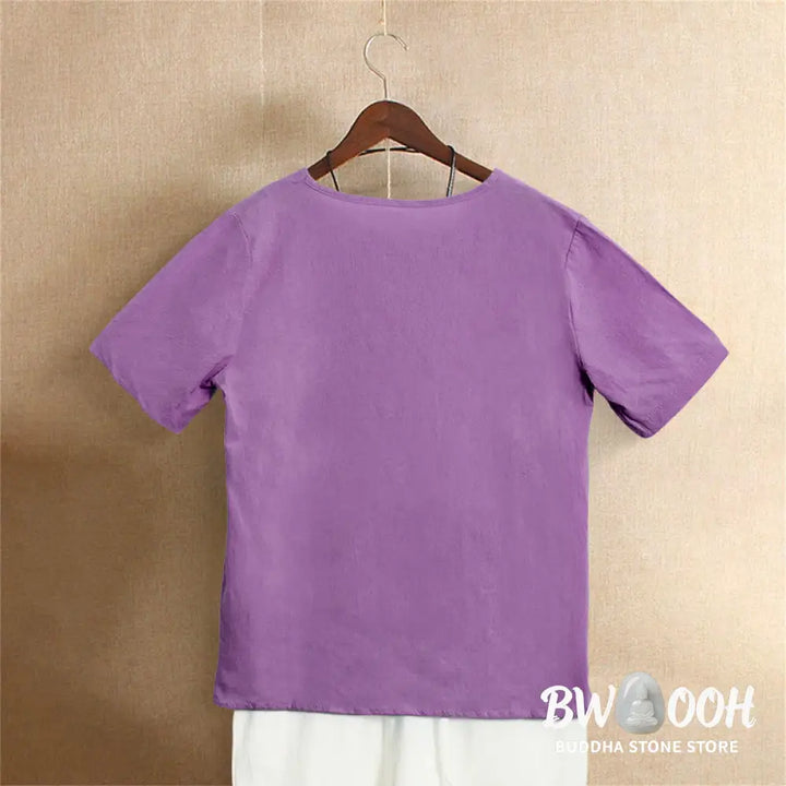 Buddha Stones Casual Summer Pure Color Jacquard Button Crew Neck Cotton Women’s Short Sleeve T-Shirt - Women’s T-Shirts