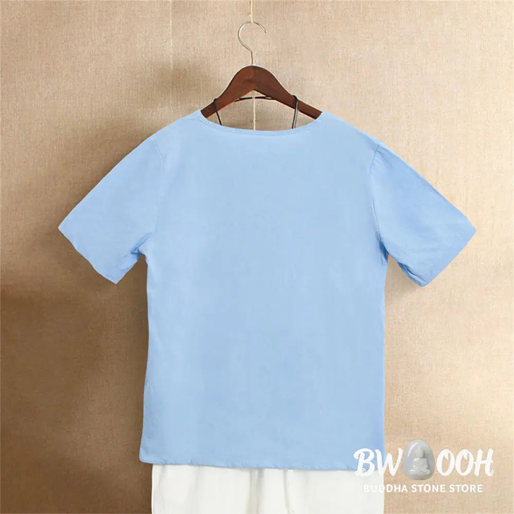 Buddha Stones Casual Summer Pure Color Jacquard Button Crew Neck Cotton Women’s Short Sleeve T-Shirt - Women’s T-Shirts