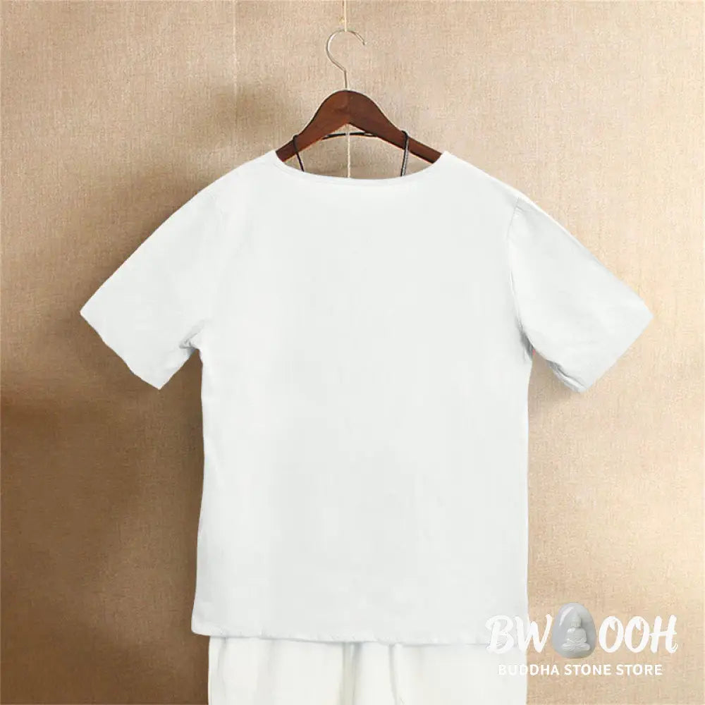 Buddha Stones Casual Summer Pure Color Jacquard Button Crew Neck Cotton Women’s Short Sleeve T-Shirt - Women’s T-Shirts